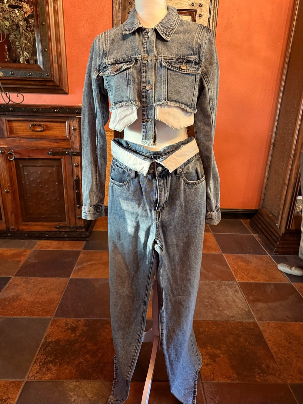 Fashion Nova Light Blue Cropped Denim Jacket & High-Waist Jeans Set